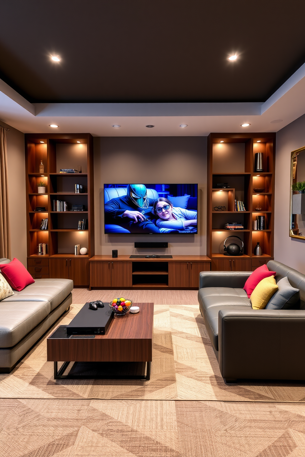 A high-tech gaming room featuring sleek black furniture and ambient LED lighting that changes color based on the mood. The walls are adorned with soundproof panels and large screens displaying immersive game graphics, creating an engaging atmosphere. In the center, a modern gaming console setup with a comfortable sectional couch and ergonomic gaming chairs invites long hours of play. Smart features like voice-activated controls and integrated speakers enhance the gaming experience, making it a tech-savvy haven for gamers.