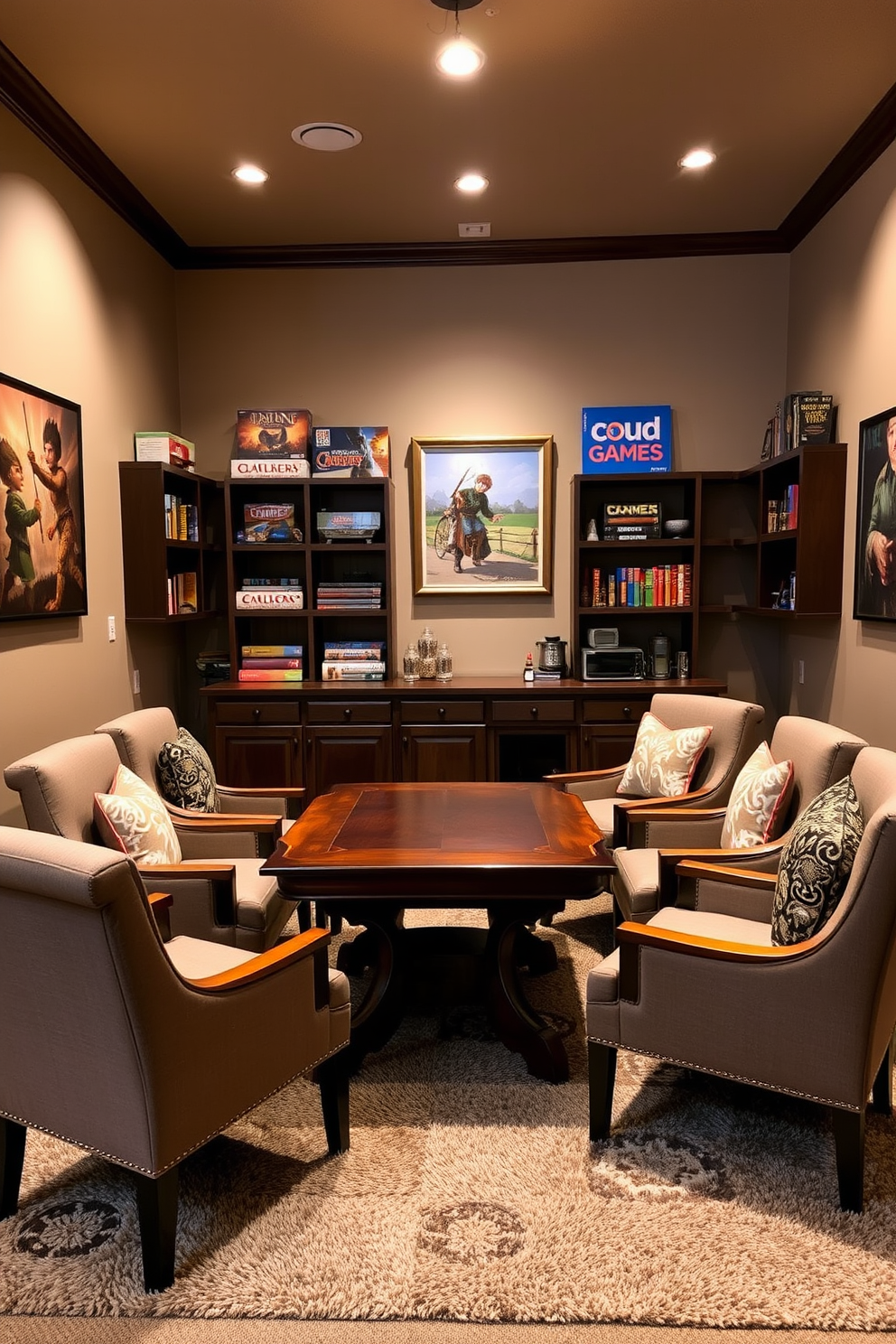 A cozy game room designed for board game enthusiasts features a large wooden game table at the center surrounded by comfortable upholstered chairs. The walls are adorned with shelves filled with a variety of board games and themed artwork that reflects the joy of gaming. Soft ambient lighting creates a warm atmosphere, while a plush area rug adds comfort underfoot. A small refreshment bar in the corner offers snacks and beverages, enhancing the overall experience for players.