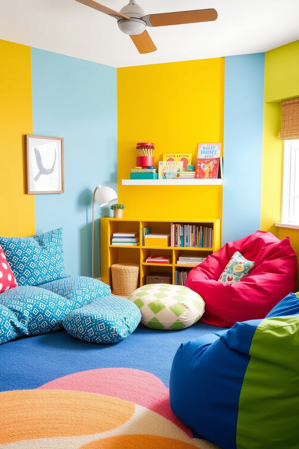 A vibrant playroom filled with bright colors and playful patterns. The walls are painted in a sunny yellow, with whimsical wall decals of animals and trees. Soft, colorful rugs cover the floor, providing a comfortable area for children to play. A cozy reading nook features a bright blue bean bag chair and a bookshelf filled with colorful books.