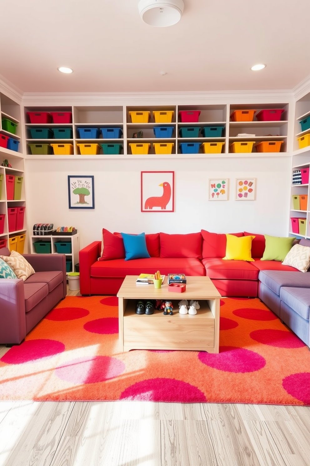 A vibrant playroom featuring wall-mounted shelves for easy access to toys and books. The shelves are painted in cheerful colors and filled with neatly organized bins for storage. Soft, plush seating is arranged around a colorful area rug, creating a cozy space for play and relaxation. Bright artwork adorns the walls, adding a playful touch to the overall design.