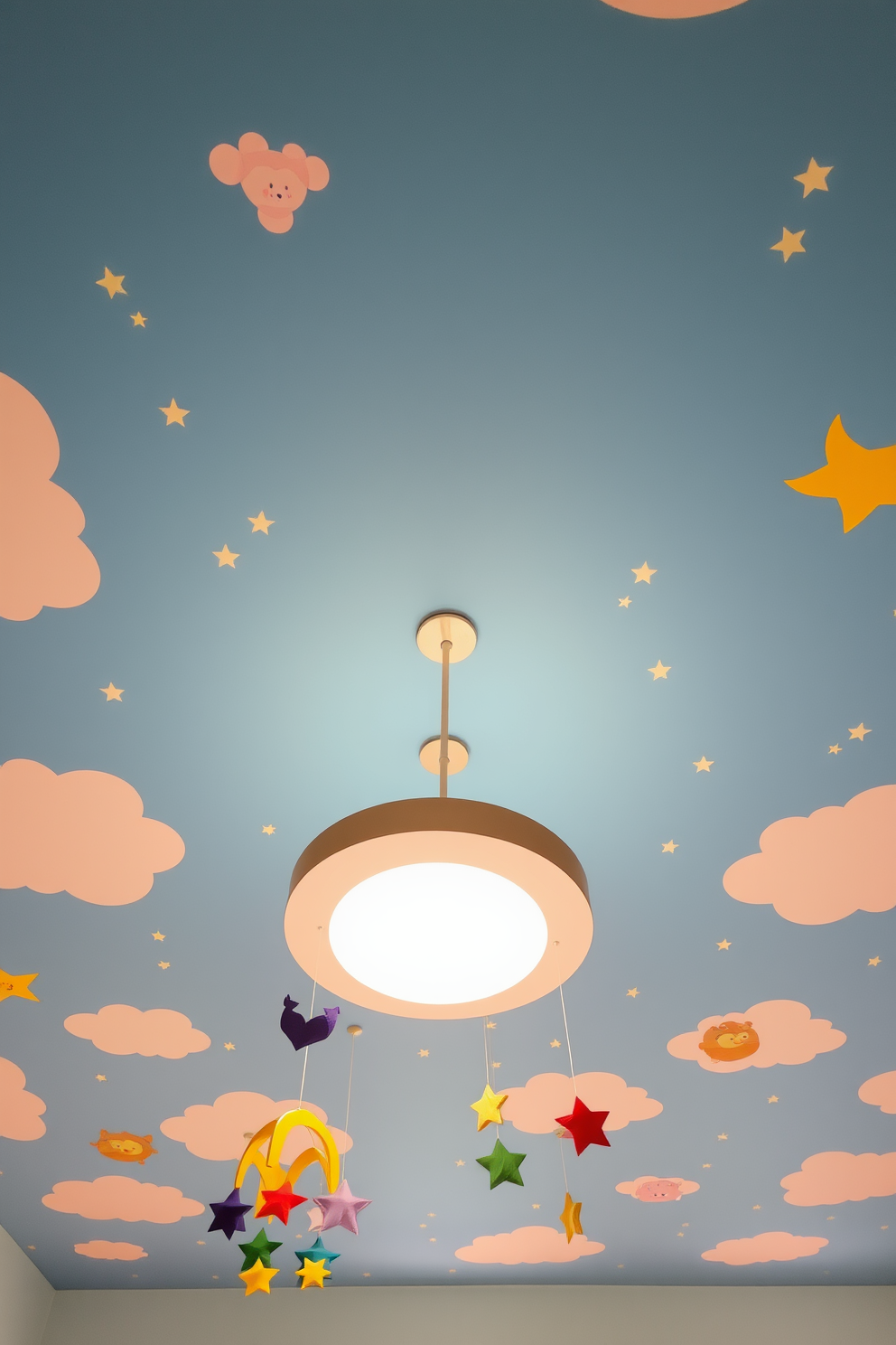 A whimsical ceiling design features a playful mix of colors and patterns that ignite creativity. Soft, fluffy clouds painted in pastel hues float across a bright blue sky, while twinkling stars and playful animals peek through. In the center, a large, circular light fixture resembles a sun, casting a warm glow over the space. Hanging mobiles of colorful shapes dangle from the ceiling, adding movement and charm to the imaginative haven.