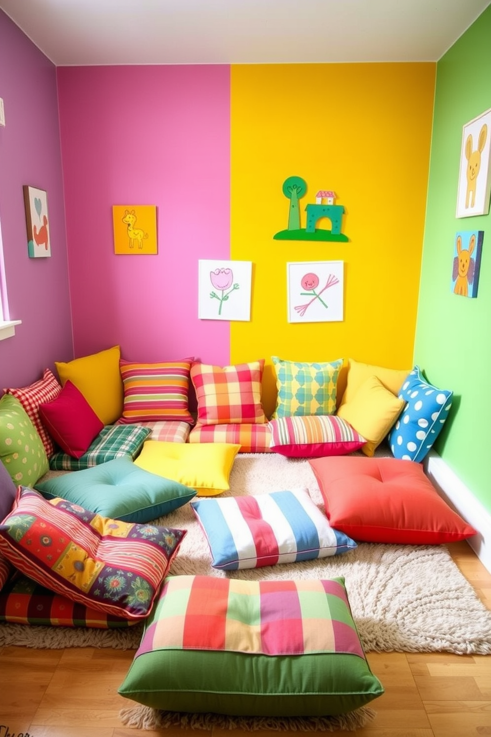 A cozy playroom featuring colorful floor cushions arranged in a casual seating area. The cushions are in various patterns and textures, creating an inviting space for children to relax and play. Brightly colored walls adorned with playful artwork enhance the cheerful atmosphere. A soft area rug anchors the seating, providing comfort and warmth to the playful environment.