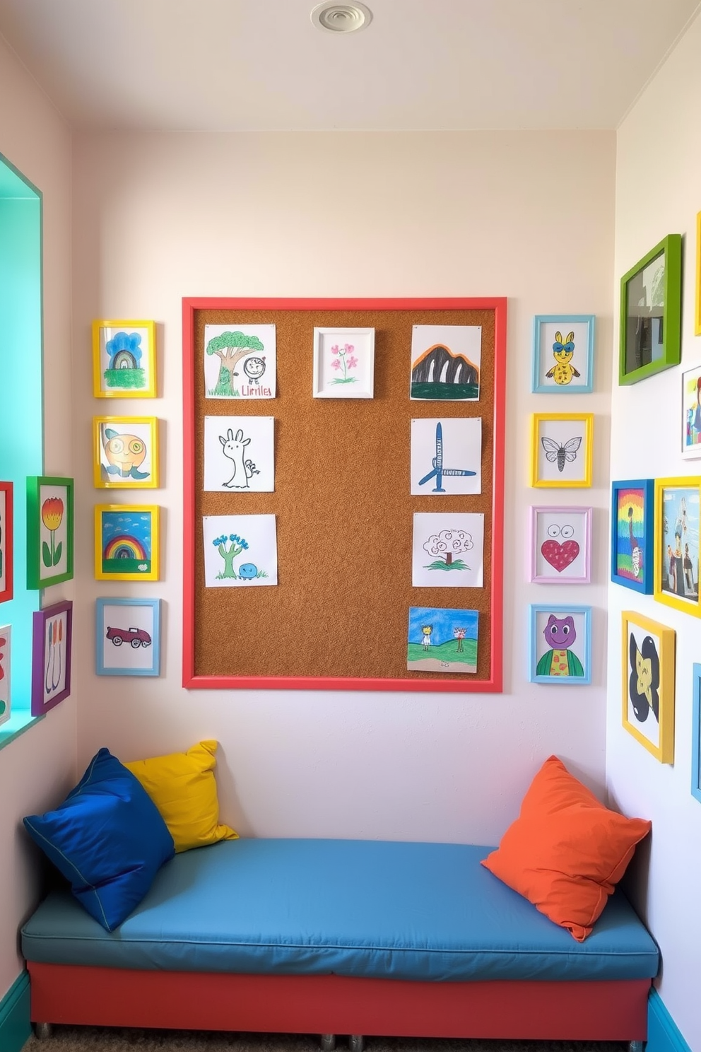 A vibrant art display area showcasing children's masterpieces. The walls are painted in soft pastels, and colorful frames highlight each artwork, creating an inviting and playful atmosphere. In the center, a large corkboard allows for easy rotation of new creations. Cozy seating with bright cushions provides a comfortable space for kids to admire their work and get inspired.