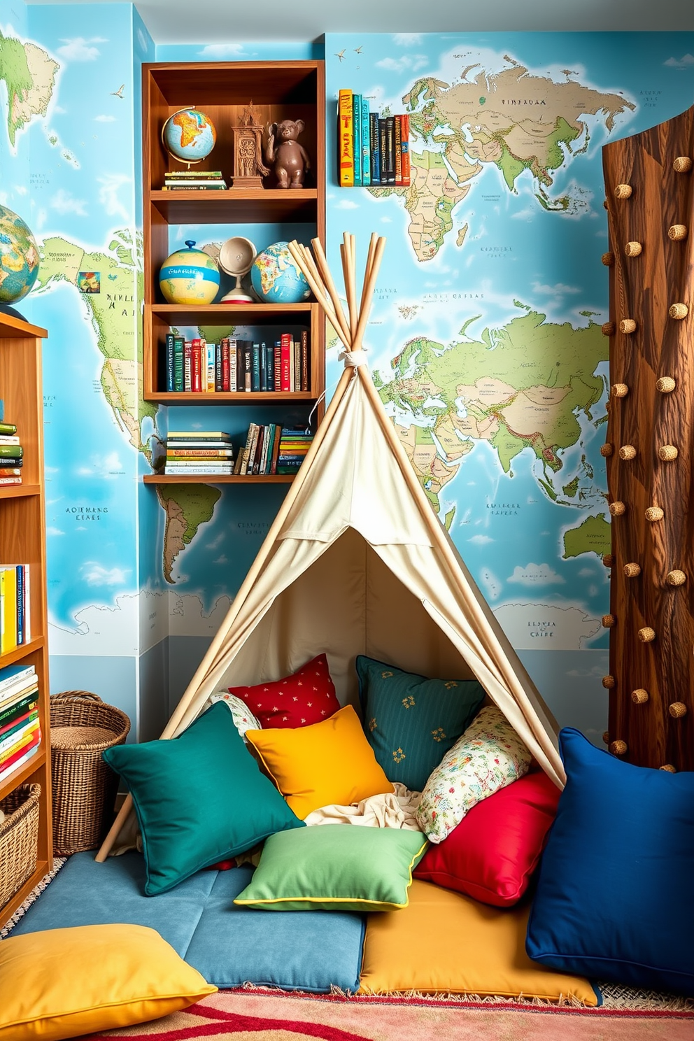 Adventure themed decor for an exploration haven. The walls are adorned with a world map mural and shelves filled with globes and travel books. A cozy reading nook features a tent made of natural fabric and colorful cushions scattered around. A climbing wall with soft mats below adds an element of fun and adventure for children.