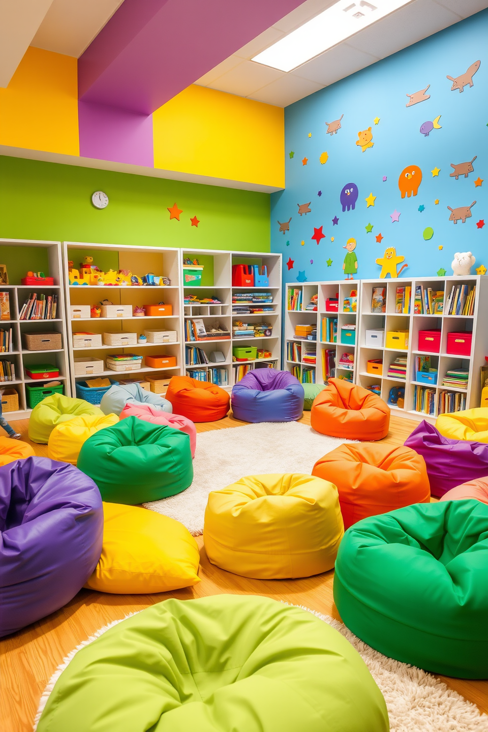 A vibrant playroom filled with colorful bean bags in various shapes and sizes scattered across the floor. The walls are painted in bright, cheerful colors with playful wall decals featuring animals and shapes. Soft, plush rugs provide a cozy area for children to sit and play. Shelves filled with books and toys are neatly organized, inviting creativity and fun.