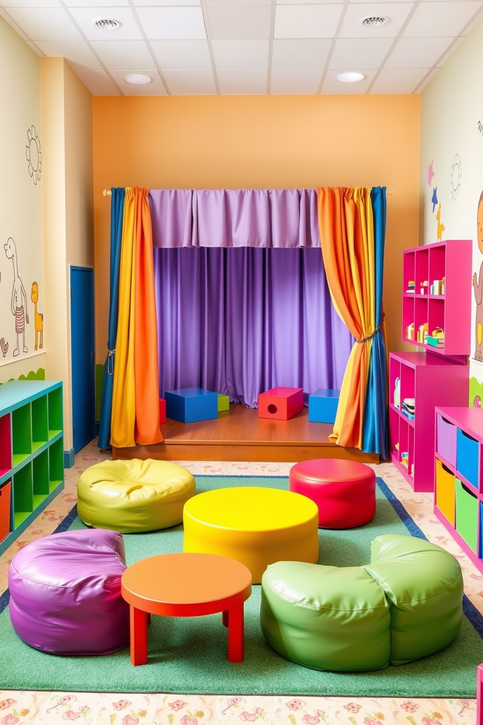 A vibrant playroom designed for creativity and fun. The space features a small stage in the corner with colorful curtains, perfect for performances and play. Brightly colored furniture is arranged around the stage, including bean bags and low tables for activities. The walls are adorned with playful murals and ample storage is provided for toys and games.