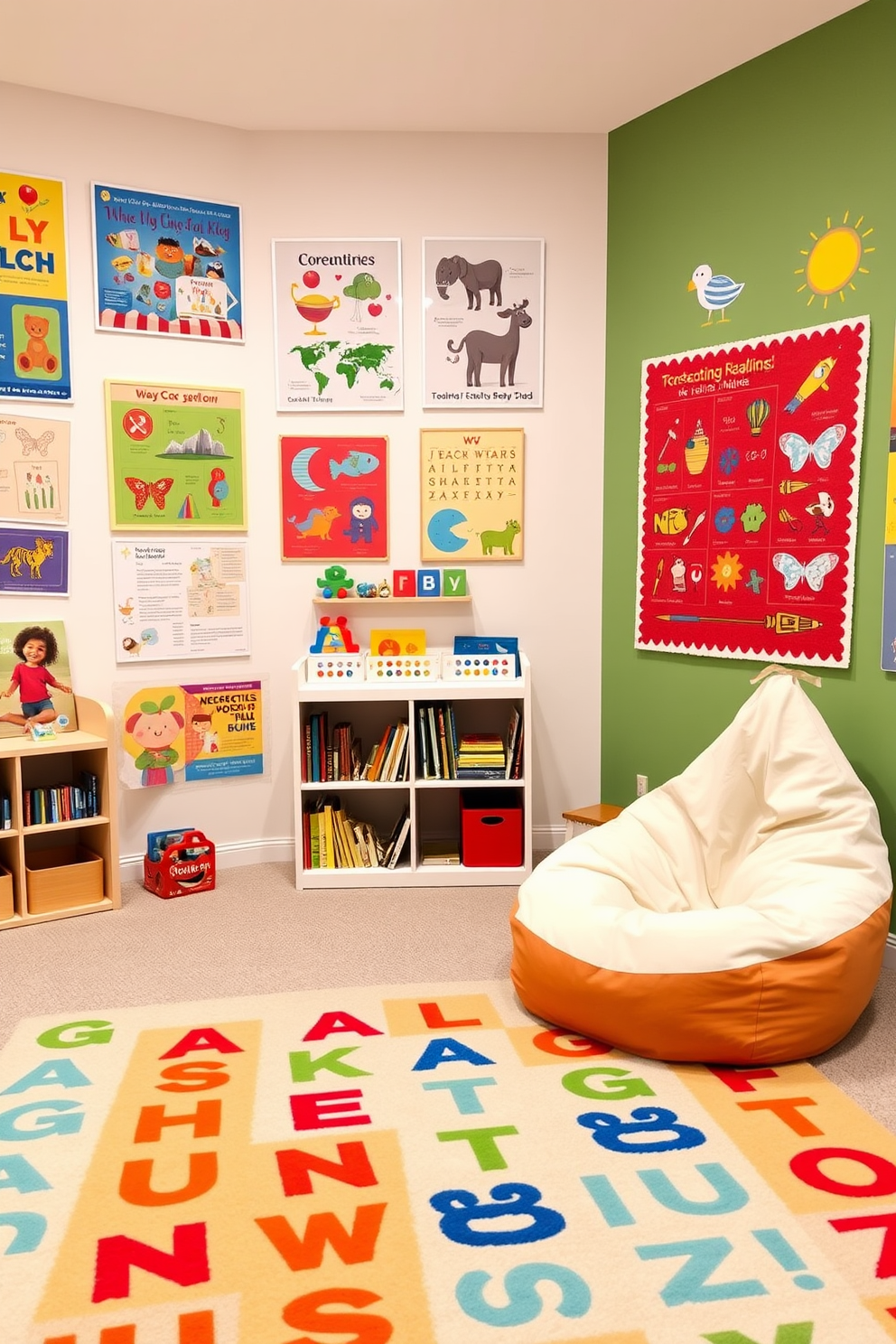 A vibrant playroom designed for learning and fun. The walls are adorned with colorful educational posters and interactive wall decals that stimulate creativity and curiosity. A cozy reading nook features a plush bean bag chair and a small bookshelf filled with children's books. A large rug with alphabet patterns anchors the space, inviting kids to sit and explore.