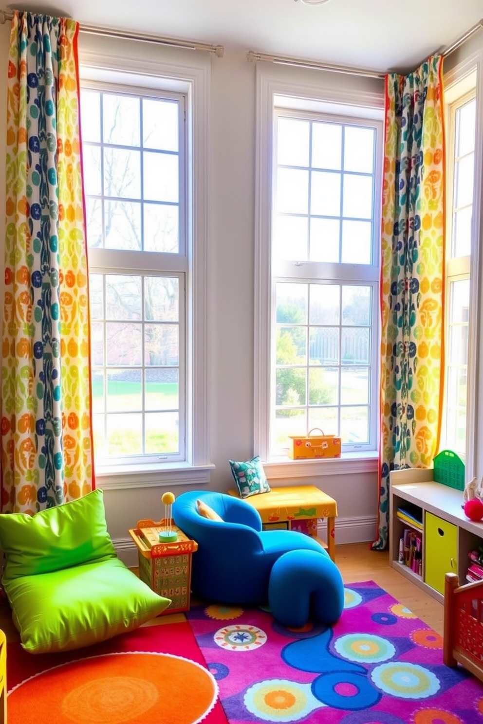 A vibrant playroom filled with interactive games and playful decor. The walls are painted in bright primary colors, and a large chalkboard wall invites creativity and fun. Soft floor cushions and bean bags are scattered around for comfortable seating. A colorful rug anchors the space, while shelves display an array of toys and games for easy access.