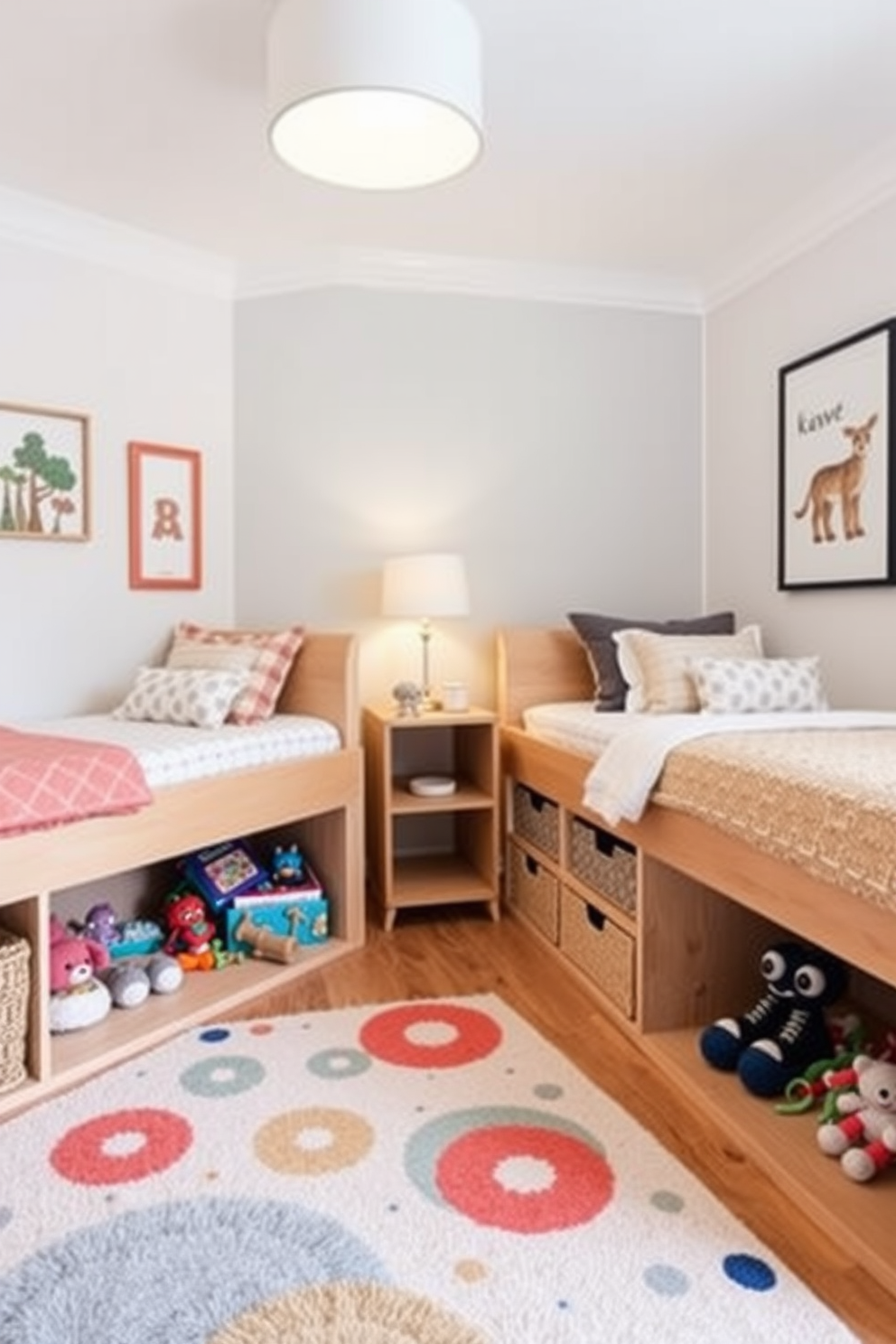 A cozy playroom designed for children with under-bed storage solutions for hidden toys. The space features colorful rugs, playful wall art, and a soft seating area where kids can relax and play.