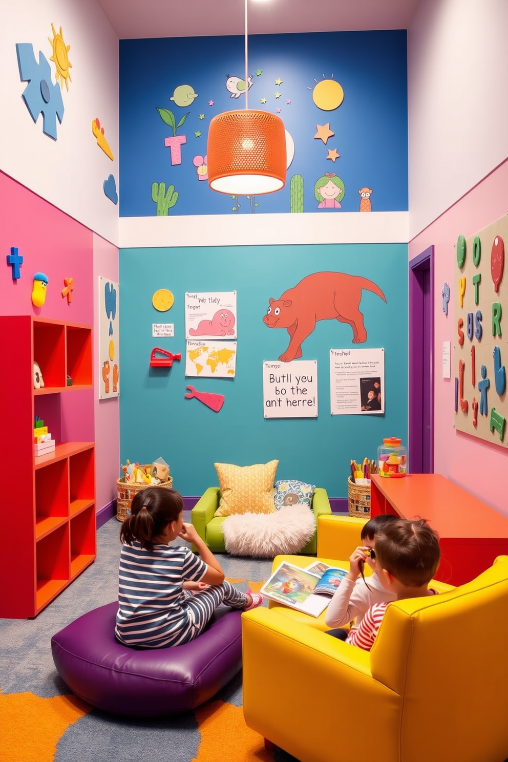 A vibrant playroom designed to inspire creativity. The walls are adorned with interactive wall art that encourages children to engage and express themselves. The space features a cozy reading nook with colorful bean bags and shelves filled with books. Brightly colored rugs define play areas, while large windows allow natural light to fill the room.