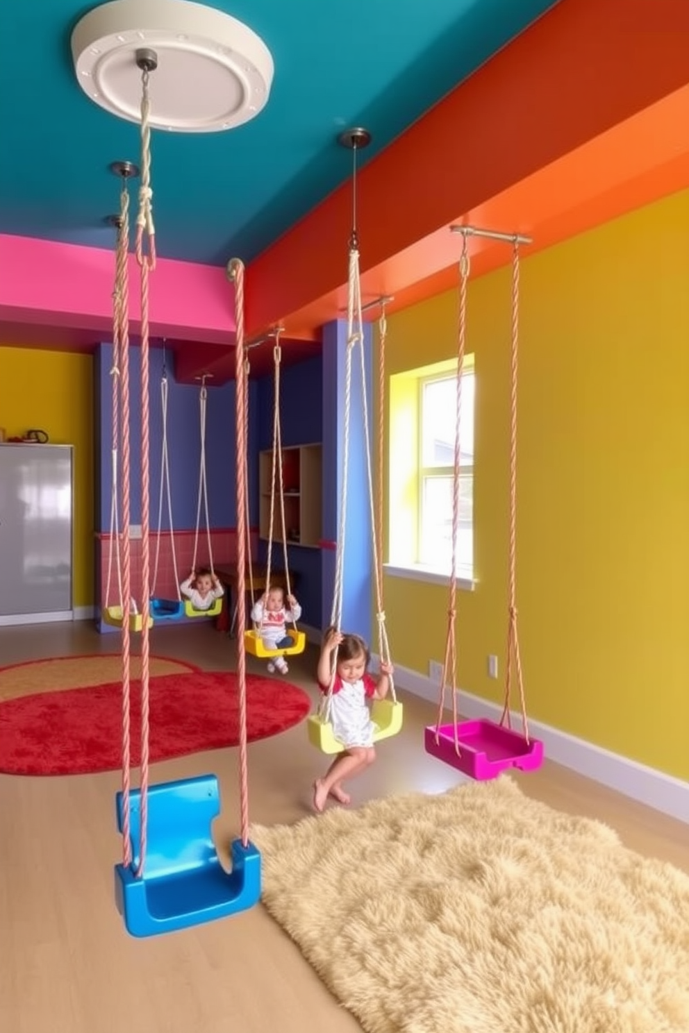 A vibrant playroom filled with personalized artwork showcasing children's creations. The walls are adorned with colorful frames displaying various drawings and paintings, creating an inspiring and joyful atmosphere. Soft, plush seating areas are arranged for comfort, featuring bean bags and oversized cushions in bright colors. A playful rug with geometric patterns anchors the space, encouraging creativity and play.