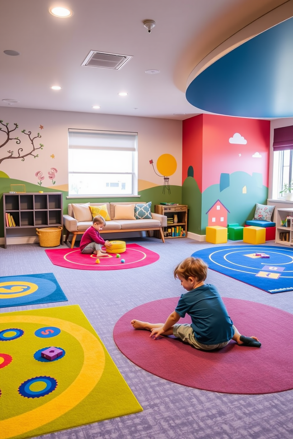 Interactive floor games for engagement. A vibrant playroom filled with colorful rugs that define separate game zones, encouraging children to explore and interact. Havenly Playroom Design Ideas. The walls are adorned with playful murals, while soft, cushioned seating provides a cozy area for storytelling and imaginative play.