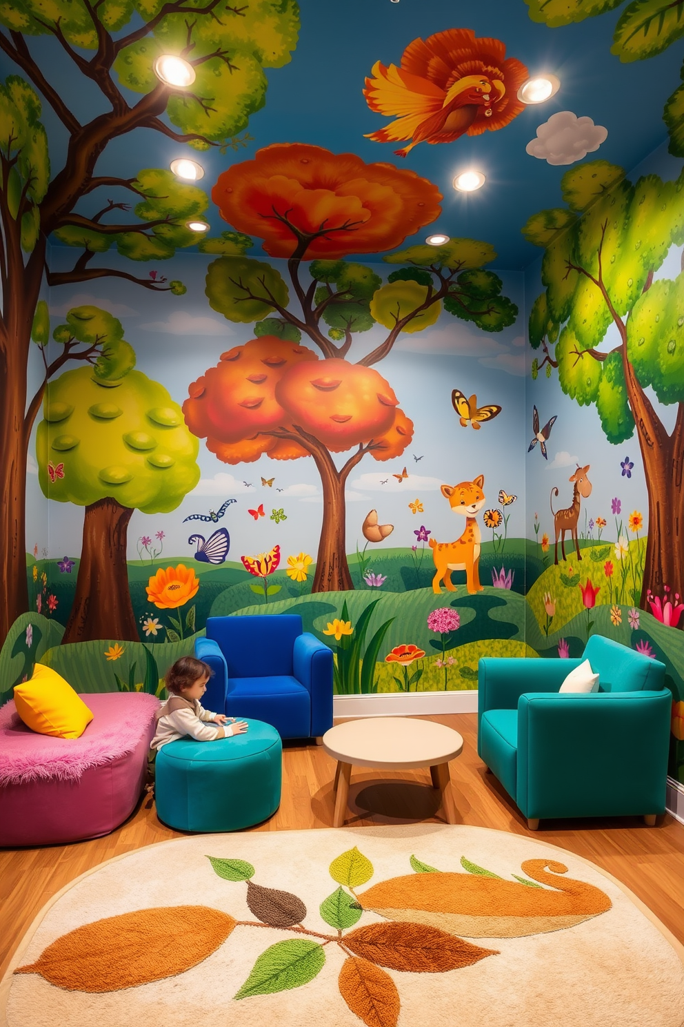 A whimsical playroom filled with nature-themed murals. The walls are adorned with vibrant trees, playful animals, and colorful flowers, creating an immersive outdoor experience. Soft, plush furniture in bright colors invites children to sit and play. A large rug with a nature motif covers the floor, providing a cozy area for activities and storytelling.