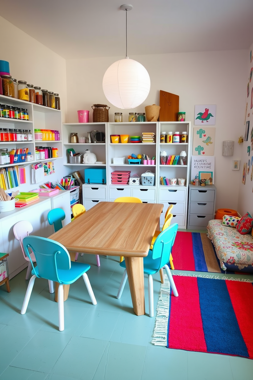 A playful and vibrant playroom designed to stimulate creativity. The walls are painted in bright primary colors, featuring a large mural of a whimsical landscape. Soft, plush rugs cover the floor, providing a comfortable area for play. A variety of storage solutions are incorporated, including colorful bins and shelves filled with toys and books. Large windows allow natural light to flood the room, creating an inviting atmosphere. Fun, oversized cushions and bean bags are scattered throughout for relaxed seating options. A dedicated art corner is set up with an easel and supplies, encouraging artistic expression. Wall-mounted chalkboards provide a space for drawing and writing, adding to the playful environment.