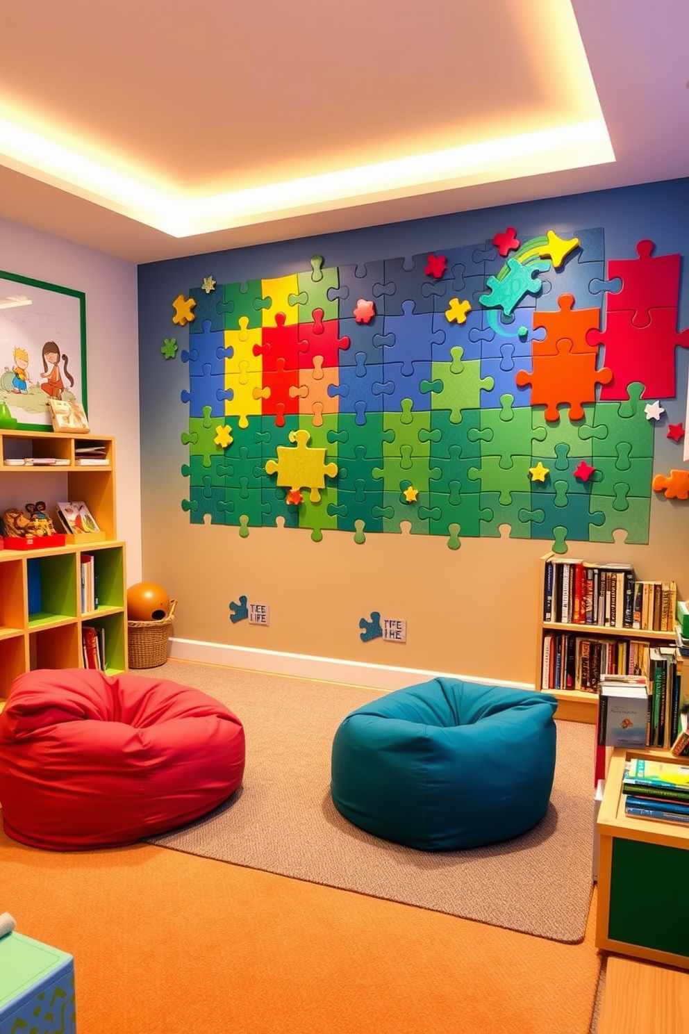 Create a vibrant playroom featuring a puzzle wall designed for interactive problem-solving. The wall is adorned with colorful, detachable puzzle pieces that engage children in creative play while enhancing their cognitive skills. Incorporate comfortable seating with bean bags and a cozy reading nook filled with books. The room is illuminated with soft, warm lighting and decorated with playful artwork to inspire imagination and creativity.