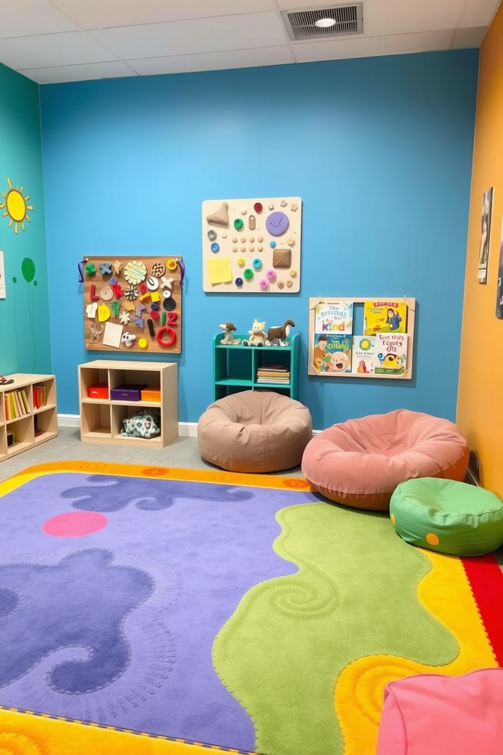 A sensory play area designed for tactile experiences features a soft, textured floor mat in vibrant colors that invites children to explore. Various tactile stations are arranged around the room, including a wall-mounted sensory board with different materials such as fabric, buttons, and textured panels. In one corner, a cozy reading nook is created with plush bean bags and a small bookshelf filled with colorful storybooks. The walls are painted in cheerful shades, adorned with playful artwork that stimulates imagination and creativity.