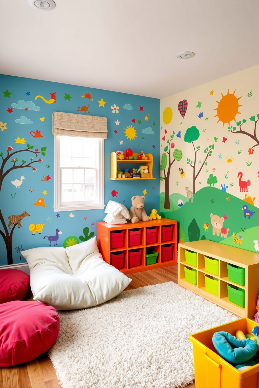 A vibrant playroom filled with colorful wall decals that bring imagination to life. The walls are adorned with playful designs featuring animals, shapes, and nature scenes, creating an engaging environment for children. The room is furnished with soft, oversized cushions and a cozy rug for comfort. Brightly colored storage bins are strategically placed to keep toys organized and accessible.