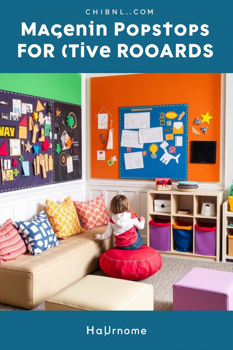 A vibrant playroom designed for creativity and fun. The space features a mini stage with colorful curtains, perfect for performances, surrounded by plush seating for an audience. Brightly colored walls are adorned with playful artwork, and the floor is covered in soft, durable carpeting. A variety of toys and books are neatly organized in open shelving, encouraging imaginative play and learning.