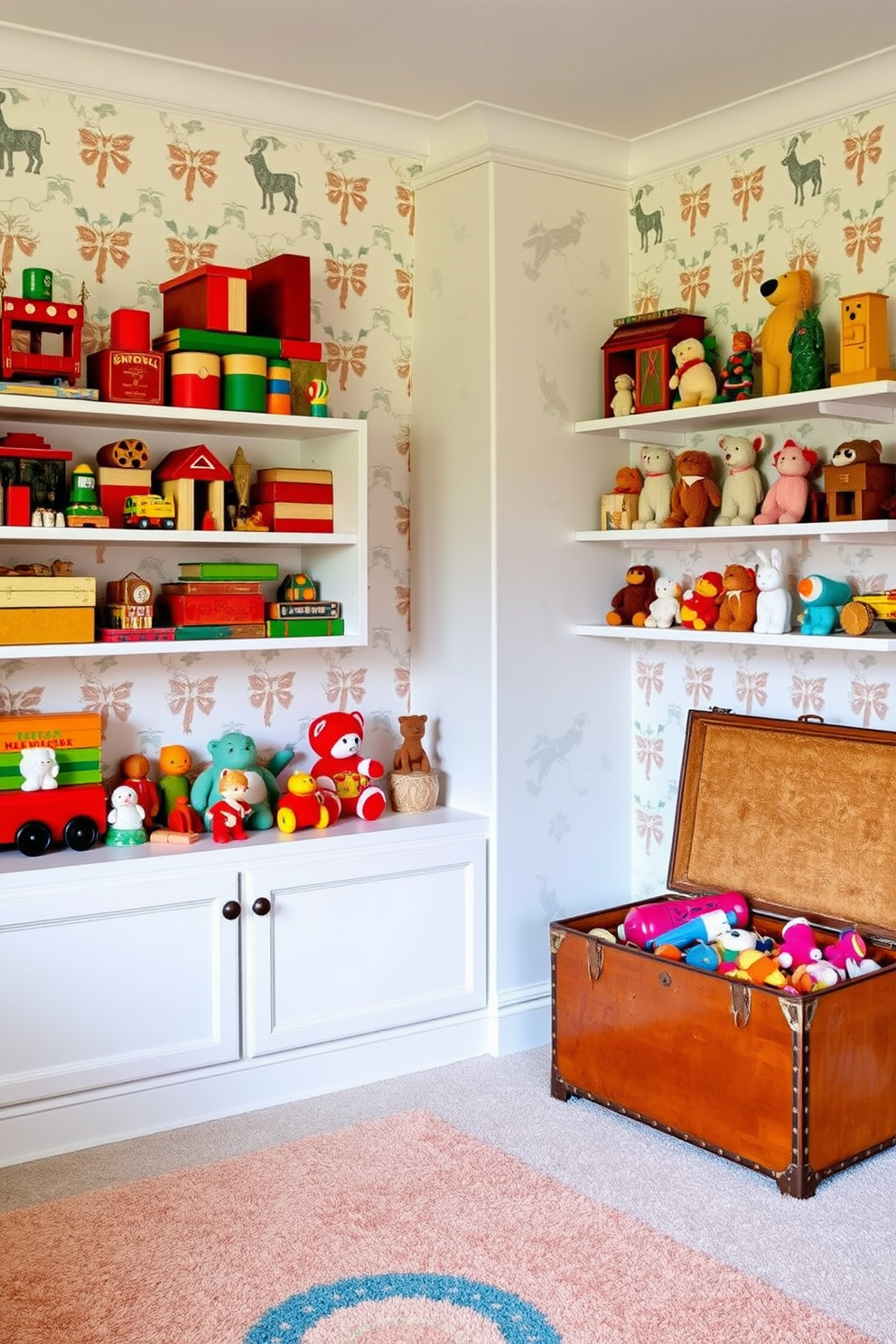 A playful Havenly playroom filled with vintage toys as decorative elements. Colorful wooden blocks and classic stuffed animals are artfully arranged on shelves, creating a nostalgic and inviting atmosphere. The walls are adorned with cheerful wallpaper featuring whimsical patterns, while a soft area rug provides a cozy play space. A vintage toy chest sits in the corner, overflowing with cherished toys, adding charm and character to the room.