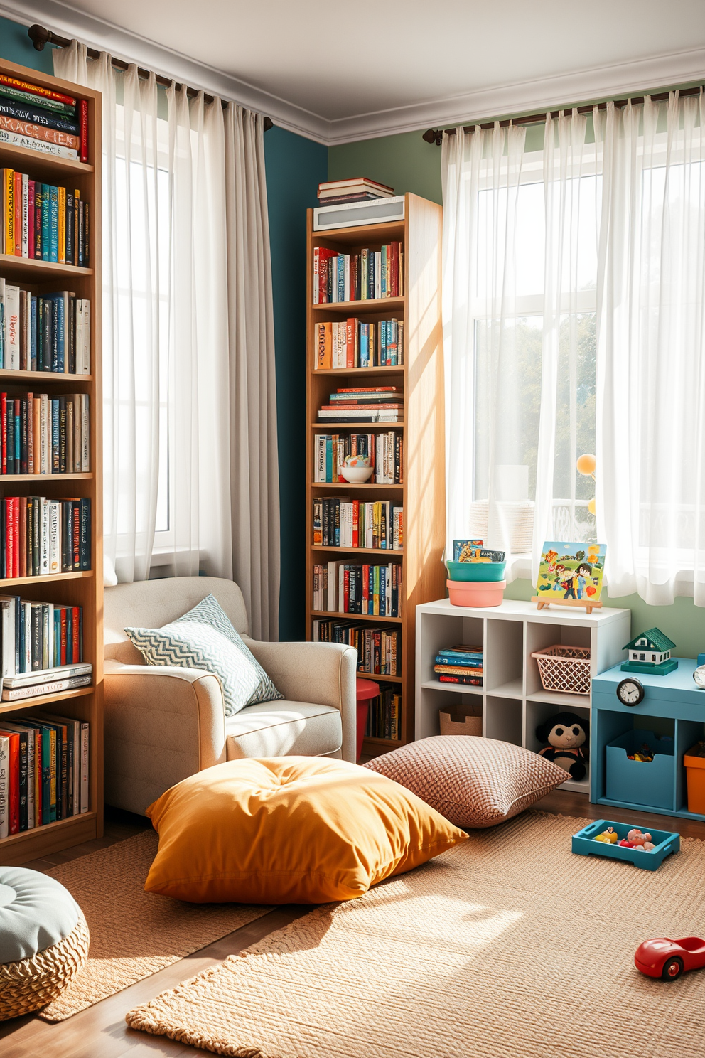 Cozy reading nook with soft pillows. A plush armchair is positioned next to a large window, inviting natural light to fill the space. A small side table holds a steaming cup of tea and a stack of books. The walls are adorned with warm, inviting colors, and a soft throw blanket drapes over the chair. Havenly Playroom Design Ideas. The room features a vibrant color palette with playful wall decals and a soft area rug for comfort. Storage solutions are cleverly integrated to keep toys organized, while a cozy corner with bean bags invites relaxation and creative play.