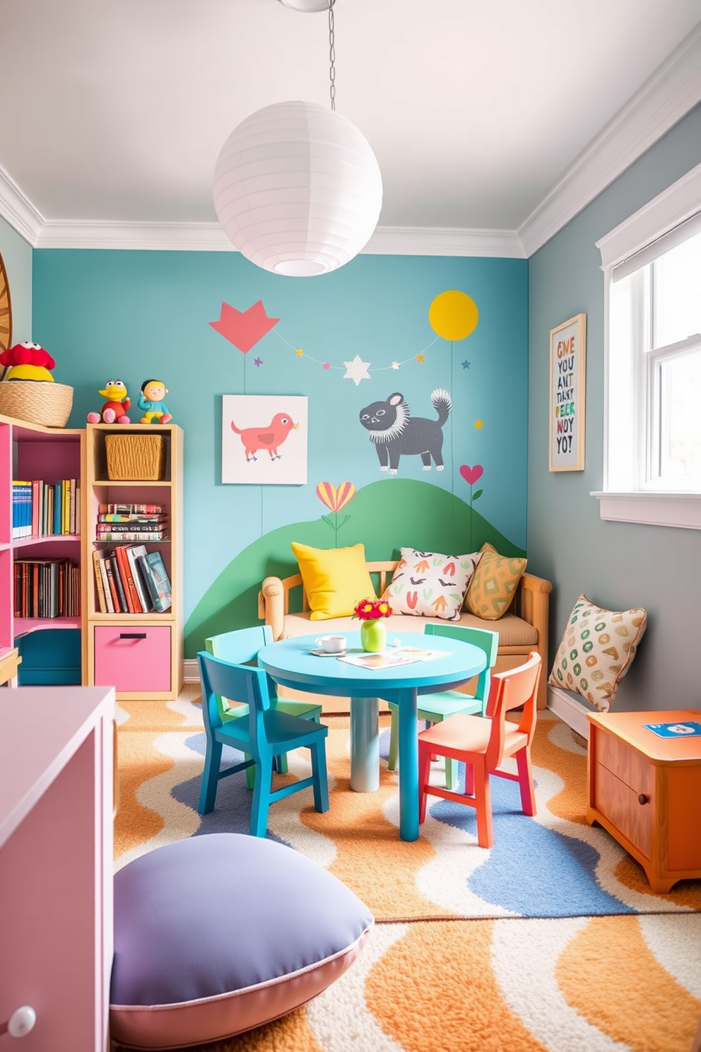 A whimsical playroom designed for children featuring miniature furniture that is colorful and playful. The space includes a small table and chairs, a cozy reading nook with oversized cushions, and vibrant wall art that sparks creativity.