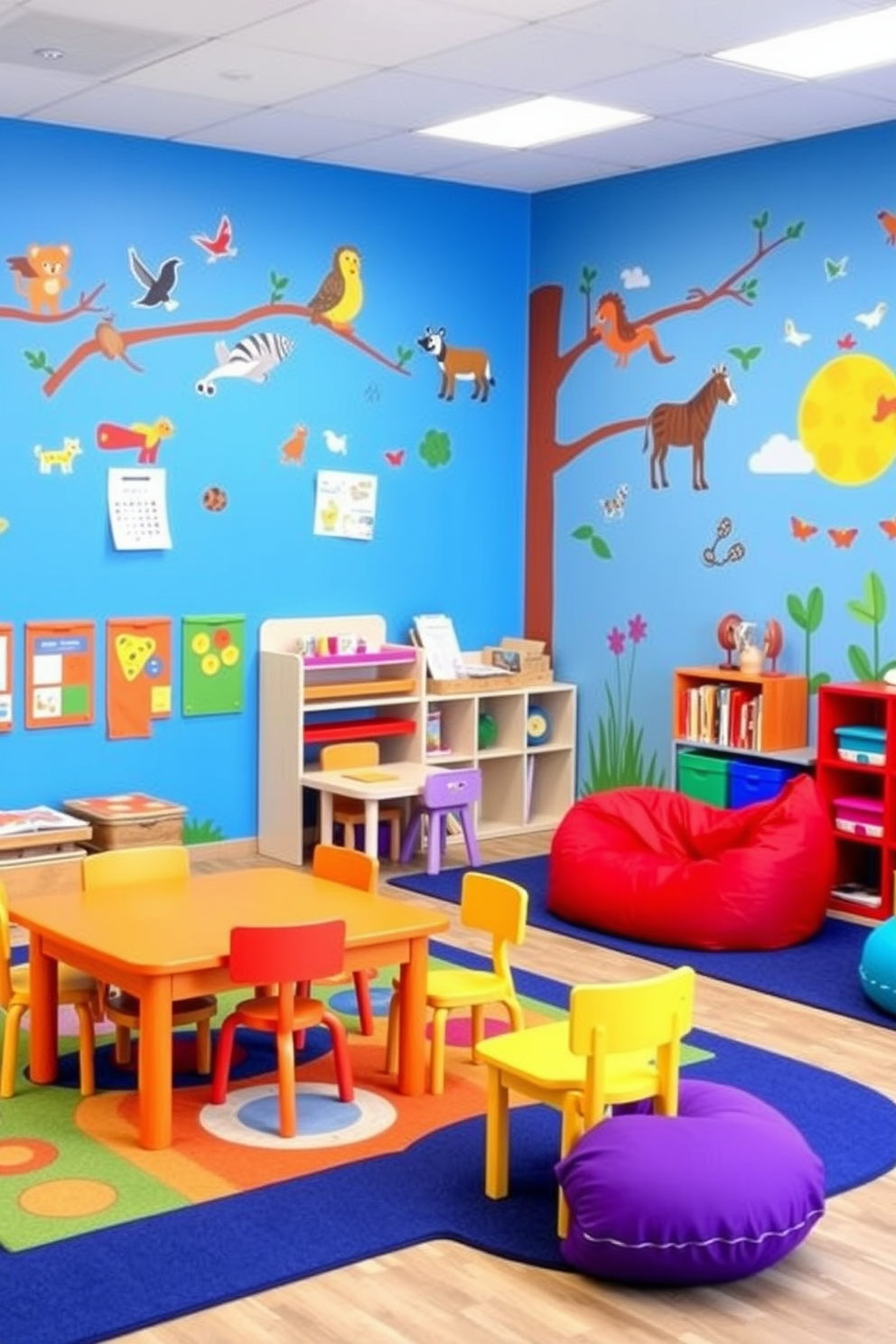 A vibrant playroom designed for structured fun. Themed zones feature colorful rugs, interactive wall panels, and designated areas for arts and crafts, reading, and imaginative play. Brightly colored furniture includes child-sized tables and chairs, along with cozy bean bags for relaxation. Wall decals of animals and nature create an engaging atmosphere that stimulates creativity and exploration.