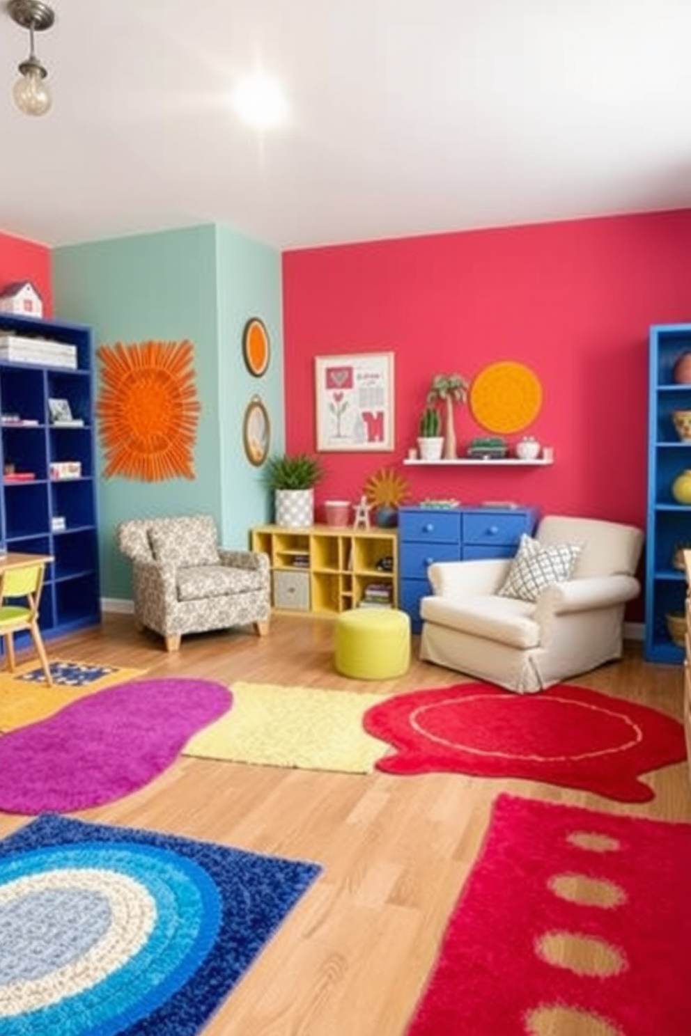 A cozy playroom featuring multi-functional furniture that maximizes space. A large, plush rug covers the floor, providing a soft area for children to play, while a convertible sofa doubles as a bed for nap time. Brightly colored storage ottomans serve as seating and can be easily moved around. A wall-mounted desk folds down for art projects and homework, keeping the area tidy when not in use.