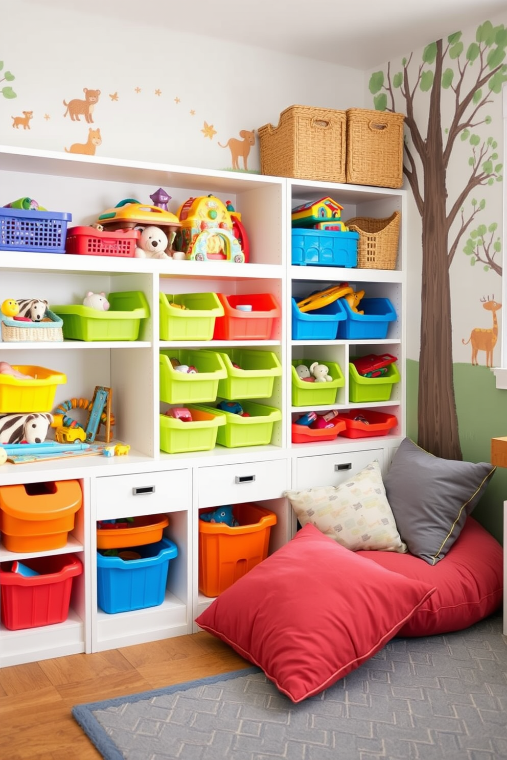 A playful playroom filled with innovative storage solutions for toys. Brightly colored bins and baskets line the shelves, making it easy for children to access and put away their toys. The walls are adorned with whimsical murals of animals and trees, creating an inviting atmosphere. A cozy reading nook with oversized cushions is nestled in one corner, encouraging imaginative play and relaxation.