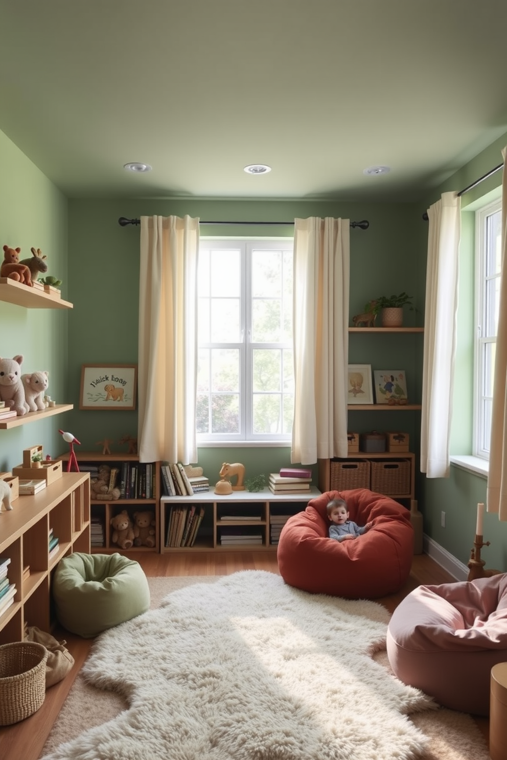 A vibrant playroom filled with bold patterns and playful energy. The walls are adorned with colorful geometric wallpaper, and the furniture features a mix of bright, mismatched cushions and playful prints. A large, soft area rug with a whimsical design sprawls across the floor, inviting children to play. Brightly colored storage bins are neatly arranged, providing a fun yet functional space for toys and games.