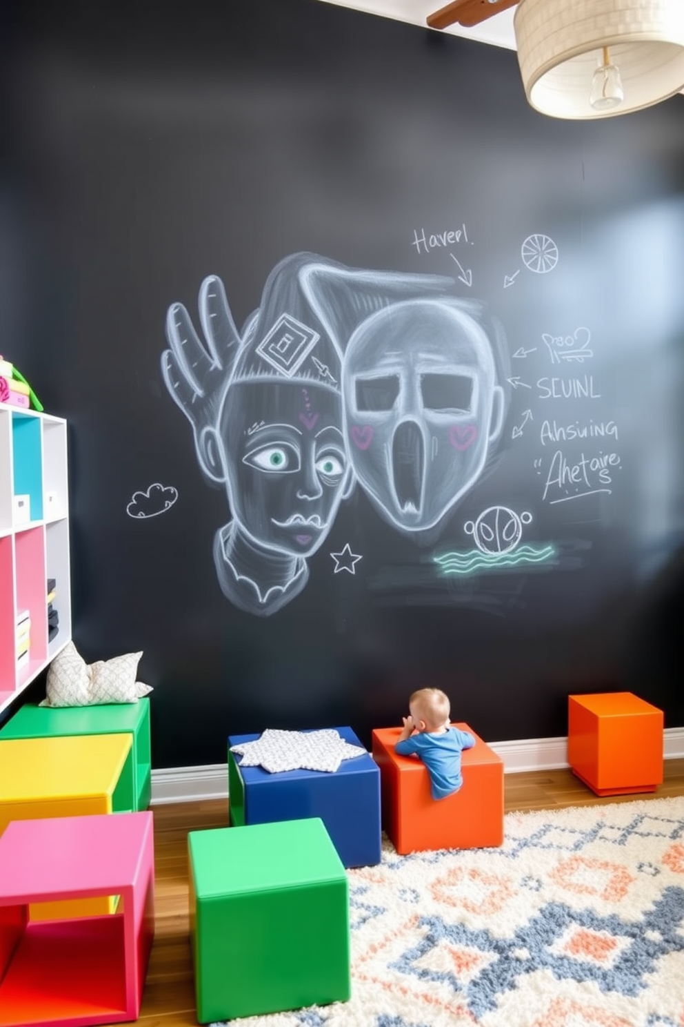 A creative chalkboard wall serves as a dynamic focal point in the Havenly playroom. The wall is painted in a rich black finish, inviting children to unleash their imagination with colorful chalk drawings. Surrounding the chalkboard are playful, modular furniture pieces in bright colors, providing both seating and storage. Soft, plush rugs in fun patterns add warmth and comfort to the space, encouraging playful interactions.