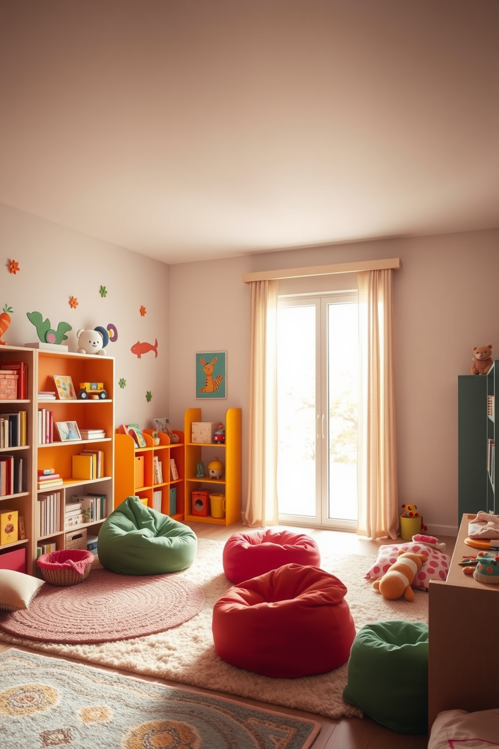 A warm and inviting playroom filled with soft lighting that creates a cozy ambiance. The room features plush rugs, colorful bean bags, and whimsical wall art that sparks creativity. Brightly colored shelves are lined with books and toys, encouraging play and exploration. A large window allows natural light to flood the space, complemented by gentle overhead lighting for a perfect balance.