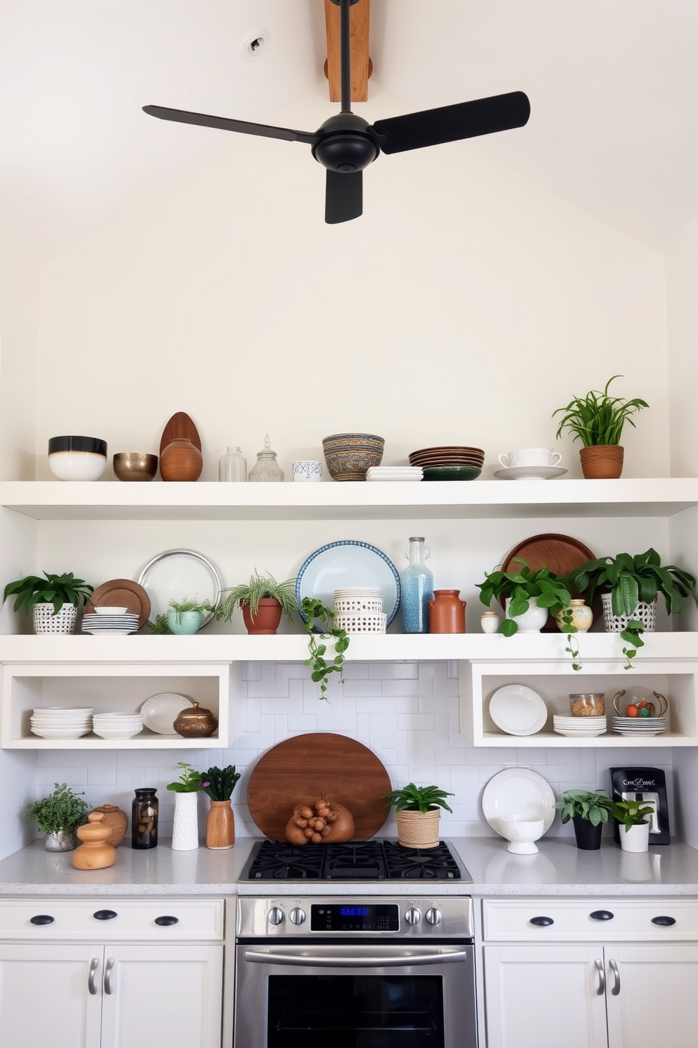 A high ceiling kitchen featuring open shelving above the cabinets for display. The shelves are adorned with a mix of decorative dishware and vibrant plants, creating a welcoming and stylish atmosphere.