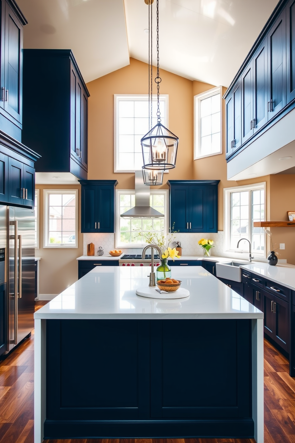 A high ceiling kitchen featuring a striking contrast of deep navy blue cabinets and crisp white countertops. Large windows allow natural light to flood the space, highlighting the elegant pendant lights hanging above the central island. The walls are adorned with a warm beige tone to complement the darker cabinetry, creating a balanced atmosphere. Sleek stainless steel appliances add a modern touch, while a rustic wooden dining table provides a cozy gathering spot.