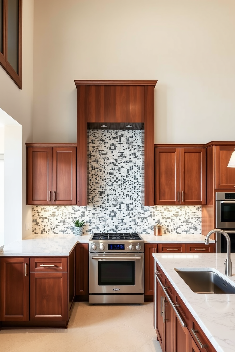 A spacious kitchen with high ceilings featuring elegant wooden cabinets that stretch to the top. The backsplash is a stunning mosaic that reaches the ceiling, complementing the sleek marble countertops and stainless steel appliances.