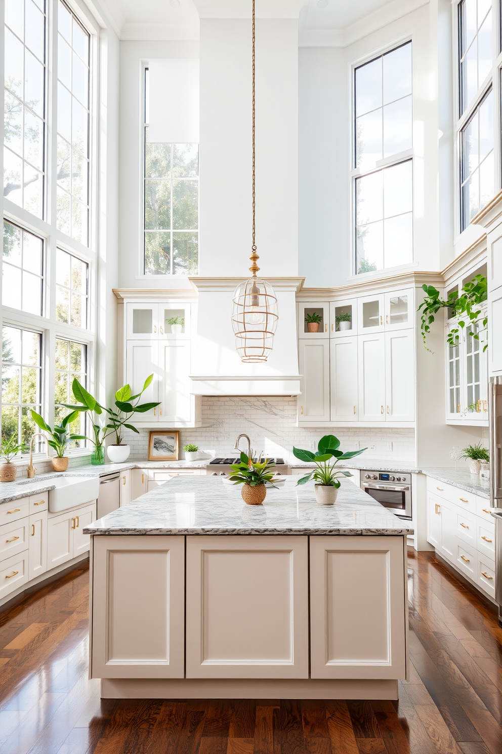 A spacious kitchen with a high ceiling featuring large windows that allow natural light to flood the room. The cabinetry is a sleek white with gold hardware, complemented by a large island in the center topped with a polished granite surface. Lush green plants are strategically placed on the countertops and shelves, adding a vibrant touch of greenery to the space. Pendant lights hang elegantly from the ceiling, illuminating the area while enhancing the kitchen's modern aesthetic.