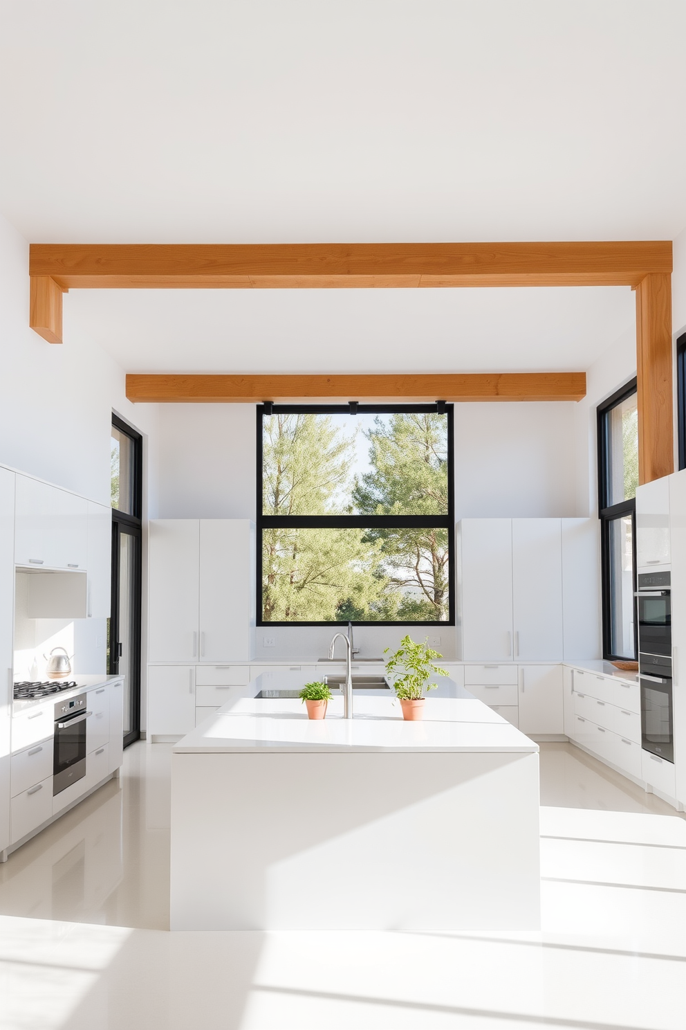 A spacious kitchen with a minimalist design approach featuring a large island at the center. The cabinetry is sleek and white, with integrated appliances that maintain clean lines and a clutter-free aesthetic. Large windows allow natural light to flood the space, highlighting the high ceilings adorned with simple wooden beams. A few potted herbs sit on the countertop, adding a touch of greenery to the serene environment.