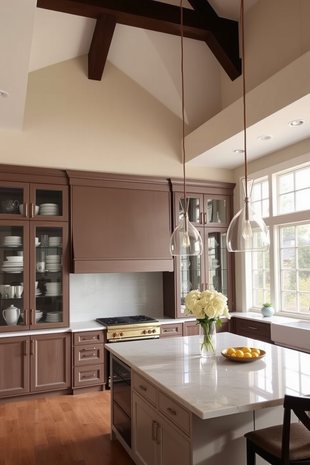 A stunning kitchen featuring an accent wall adorned with bold wallpaper that showcases a vibrant floral pattern. The high ceiling is complemented by elegant pendant lights that hang gracefully above a spacious island with bar seating. The cabinetry is sleek and modern, finished in a deep navy blue that contrasts beautifully with the wallpaper. A large window allows natural light to flood the space, highlighting the polished marble countertops and stainless steel appliances.