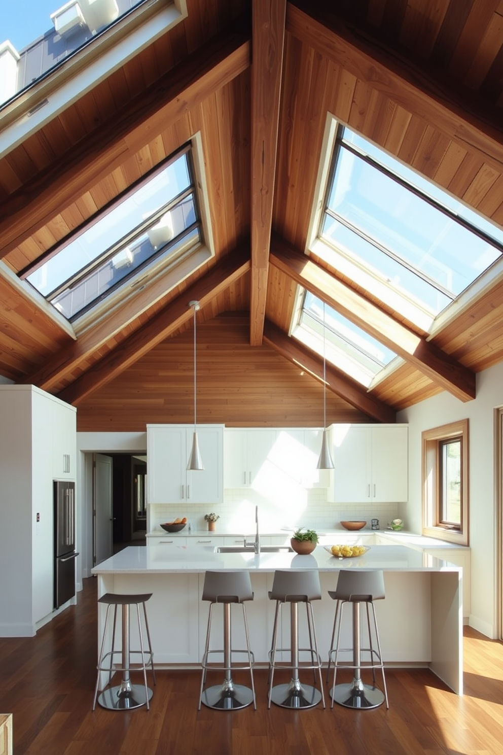 A spacious kitchen featuring a high ceiling with exposed wooden beams and large skylights that flood the space with natural light. The centerpiece is a stylish breakfast bar with sleek stools, seamlessly integrated into the kitchen layout for casual dining and social gatherings.