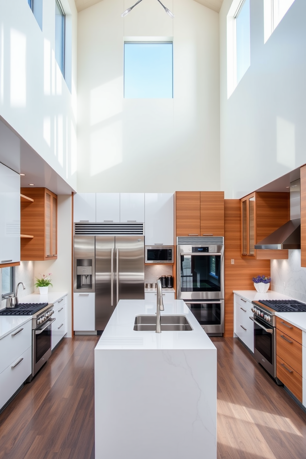 A high ceiling kitchen features elegant transom windows positioned above the cabinets, allowing natural light to flood the space. The cabinets are painted in a soft white, complementing the warm wooden beams that accentuate the height of the room.