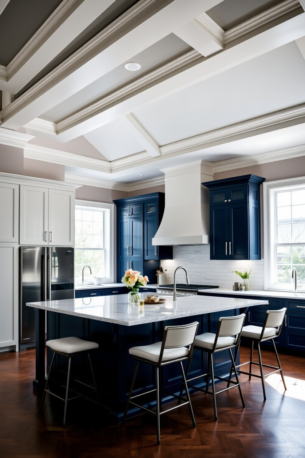 A high ceiling kitchen featuring elegant crown molding that enhances the overall sophistication of the space. The kitchen island is topped with a stunning quartz countertop, surrounded by stylish bar stools for casual dining. The cabinetry is a blend of deep navy blue and crisp white, providing a modern yet timeless look. Large windows allow natural light to flood the room, highlighting the intricate details of the design.