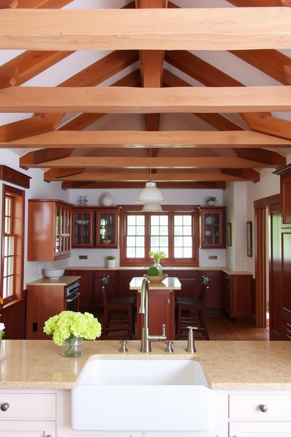 A charming kitchen featuring a farmhouse sink as the centerpiece. The high ceiling is adorned with exposed wooden beams, creating a warm and inviting atmosphere.