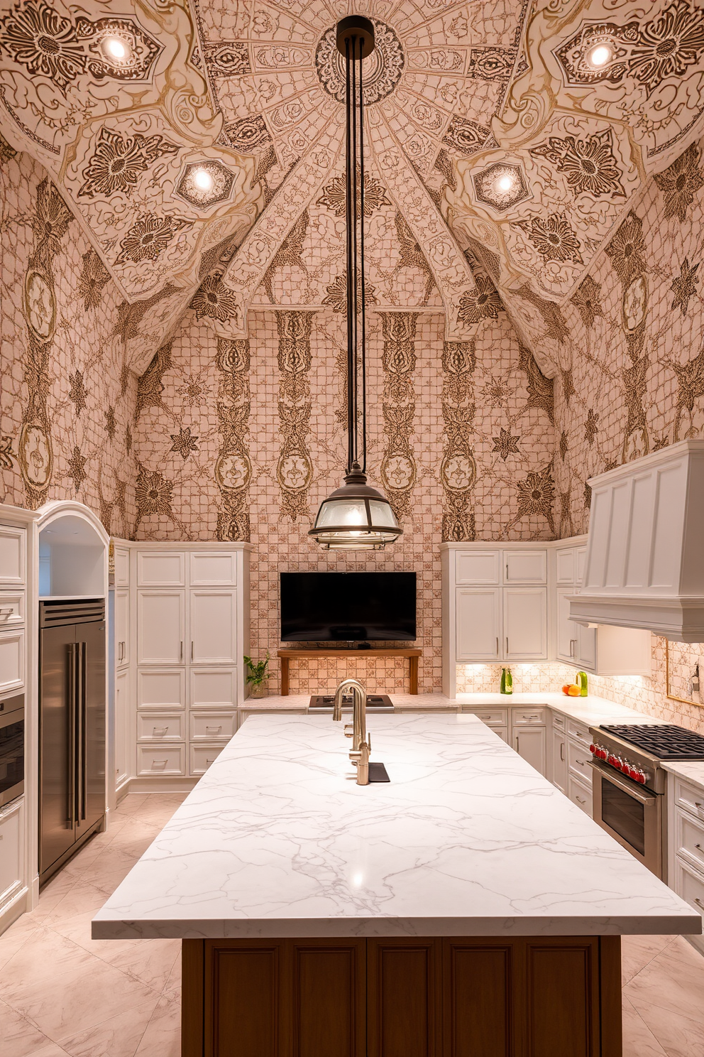 A high ceiling kitchen featuring elegant tile patterns that draw the eye upward. The walls are adorned with intricate mosaic tiles that create a visual flow leading to the ceiling, enhancing the sense of space. In the center, a large island with a polished marble countertop provides ample workspace and seating. Pendant lights hang gracefully above the island, illuminating the space while adding a touch of sophistication.