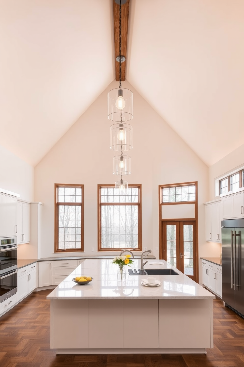 A high ceiling kitchen design featuring elegant pendant lights that create a dramatic effect. The space is open and airy, with a large island at the center topped with a polished stone surface. The cabinetry is sleek and modern, finished in a soft white hue that complements the warm wooden accents throughout. Large windows allow natural light to flood the room, enhancing the inviting atmosphere.