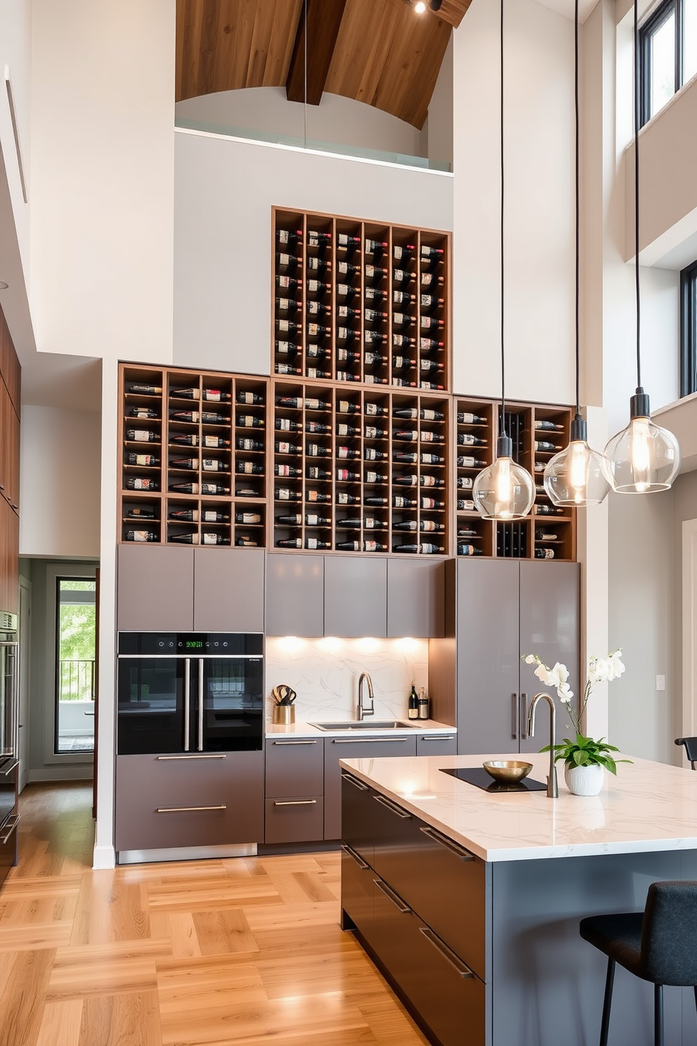 A spacious open floor plan seamlessly connects the living, dining, and kitchen areas, promoting a sense of flow and unity throughout the space. Large windows allow natural light to flood in, enhancing the airy atmosphere and making the area feel even more expansive. The kitchen features high ceilings adorned with elegant pendant lighting, creating a striking focal point. Sleek cabinetry and a large central island provide ample storage and workspace, perfect for both cooking and entertaining.