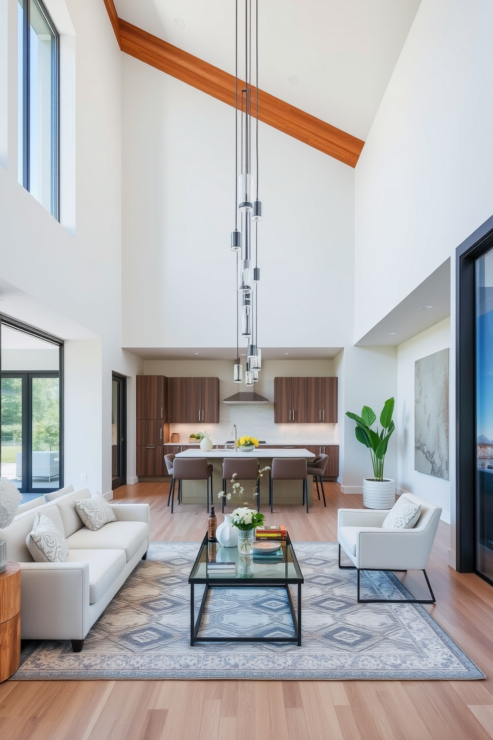 A modern kitchen featuring multi-level countertops that enhance functionality and create distinct cooking and dining areas. The lower level is perfect for food preparation, while the higher level serves as a stylish breakfast bar with comfortable seating. The kitchen boasts a high ceiling that adds an airy and spacious feel to the room. Large windows allow natural light to flood in, highlighting the sleek cabinetry and contemporary appliances.