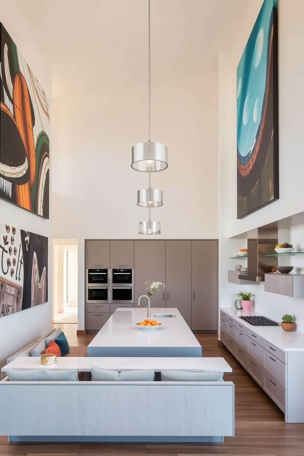 A high-ceiling kitchen with sleek cabinetry and an oversized island in the center. The walls are adorned with large-scale artwork that draws the eye upward, complemented by elegant pendant lights hanging from the ceiling. The color palette features soft neutrals with pops of vibrant colors in the decor. A cozy seating area is integrated into the design, creating a perfect space for gatherings and culinary creativity.