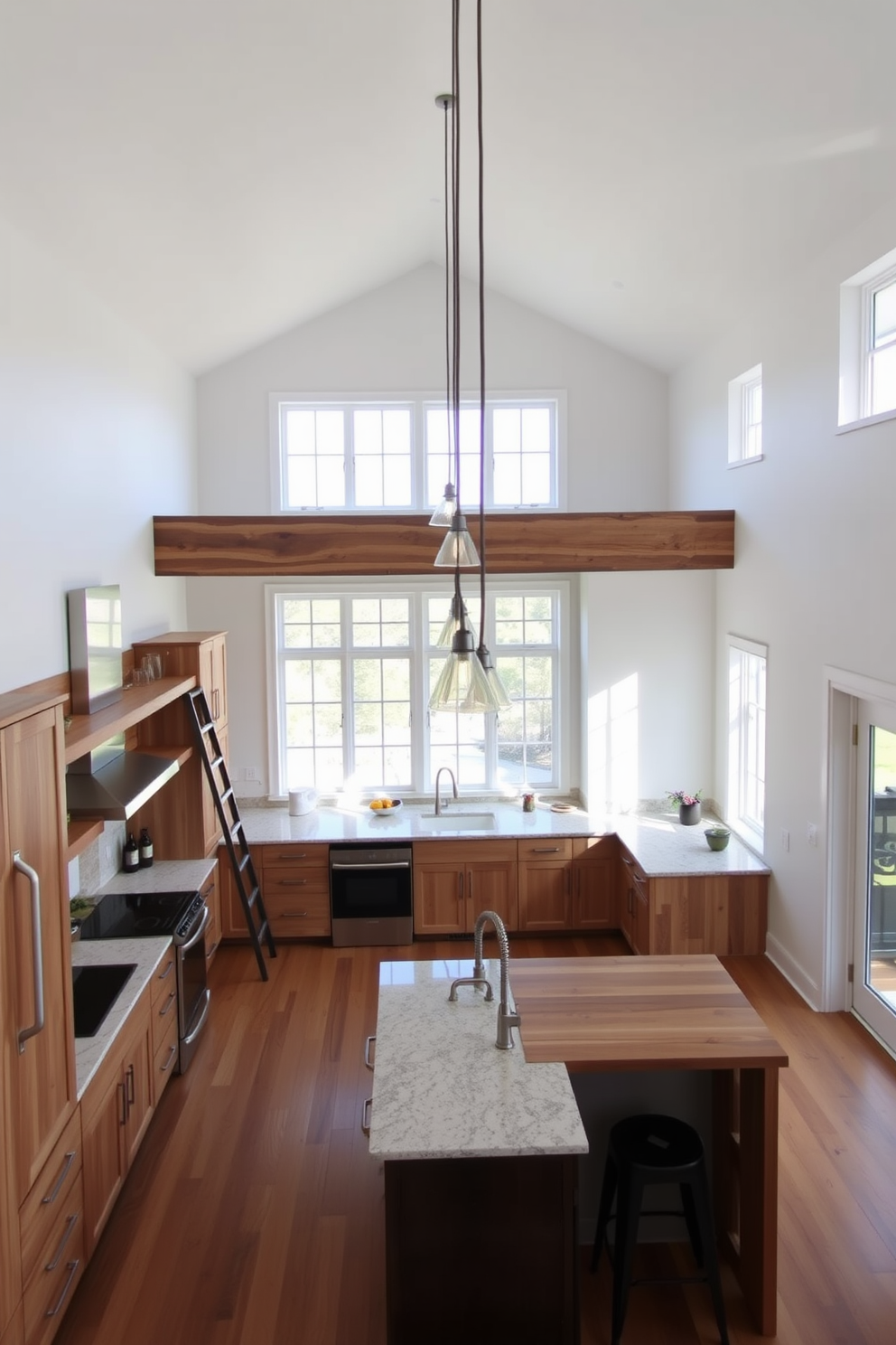 A spacious kitchen with high ceilings featuring open shelving made of reclaimed wood. The walls are painted in a soft white, and large windows allow natural light to flood the space, highlighting the modern appliances and a large island with bar seating. Incorporate a loft space above the cabinets for additional storage, accessible by a stylish ladder. The kitchen is adorned with pendant lights that hang gracefully from the ceiling, adding a touch of elegance to the design.