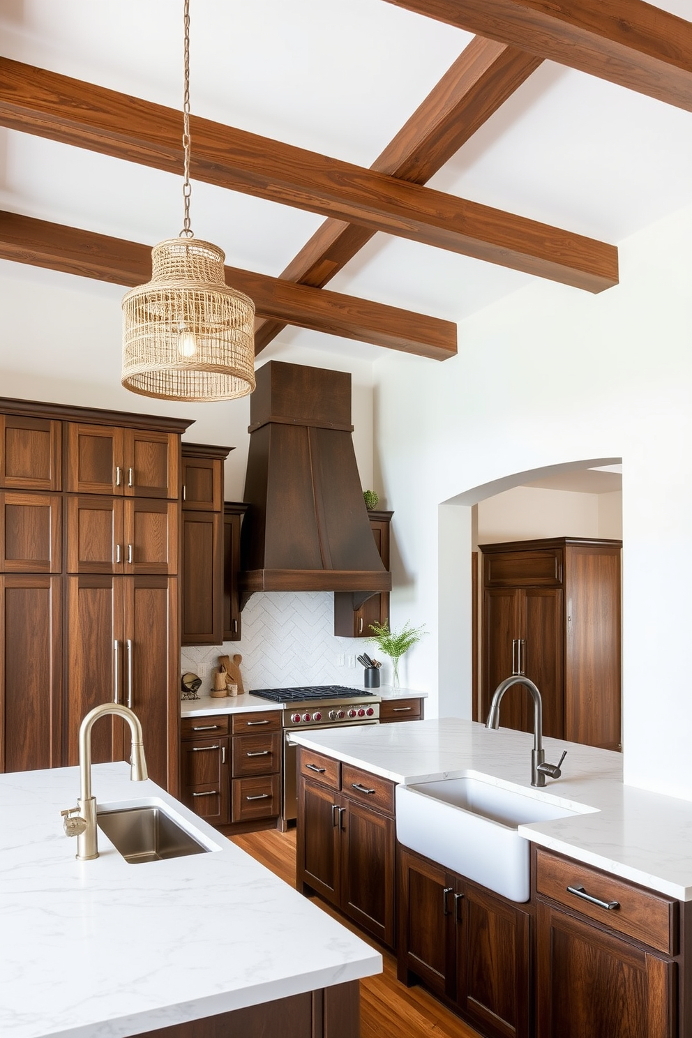 A spacious kitchen with a high ceiling featuring exposed wooden beams that add warmth to the space. The walls are painted in a soft white, complementing the rich texture of the dark wood cabinetry and the sleek marble island countertop. Incorporate a mix of materials such as brushed metal fixtures and a rustic farmhouse sink for contrast. Pendant lights with woven shades hang gracefully from the ceiling, illuminating the kitchen while enhancing the inviting atmosphere.