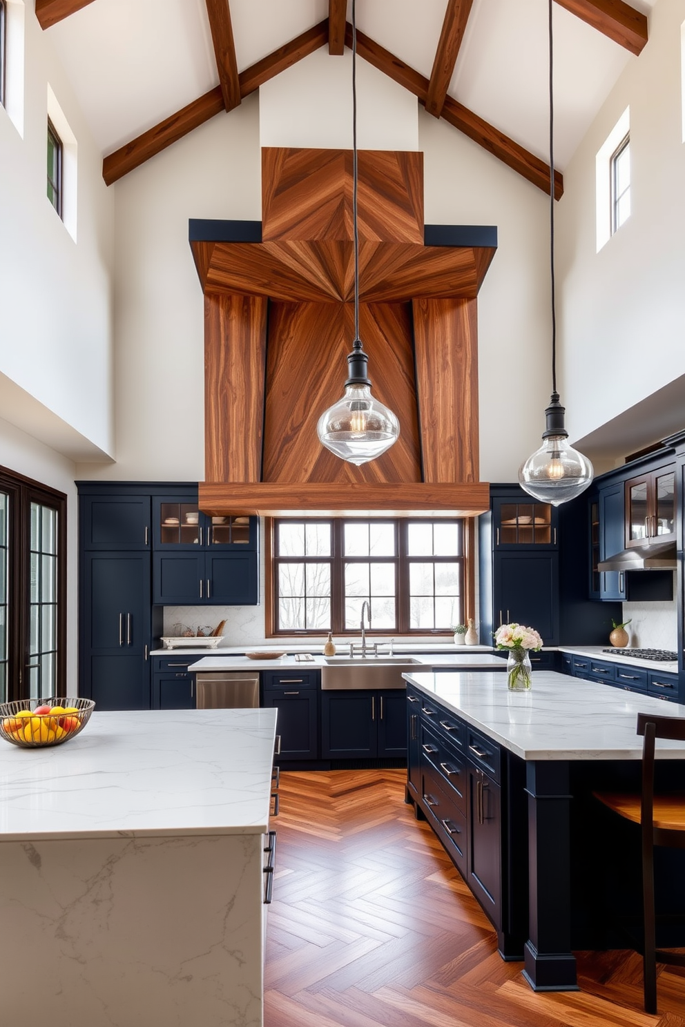 A high-ceiling kitchen featuring a blend of materials such as exposed wooden beams, sleek stainless steel appliances, and a large central island topped with a polished granite surface. The cabinetry combines matte black finishes with natural wood accents, creating a dynamic and inviting atmosphere.