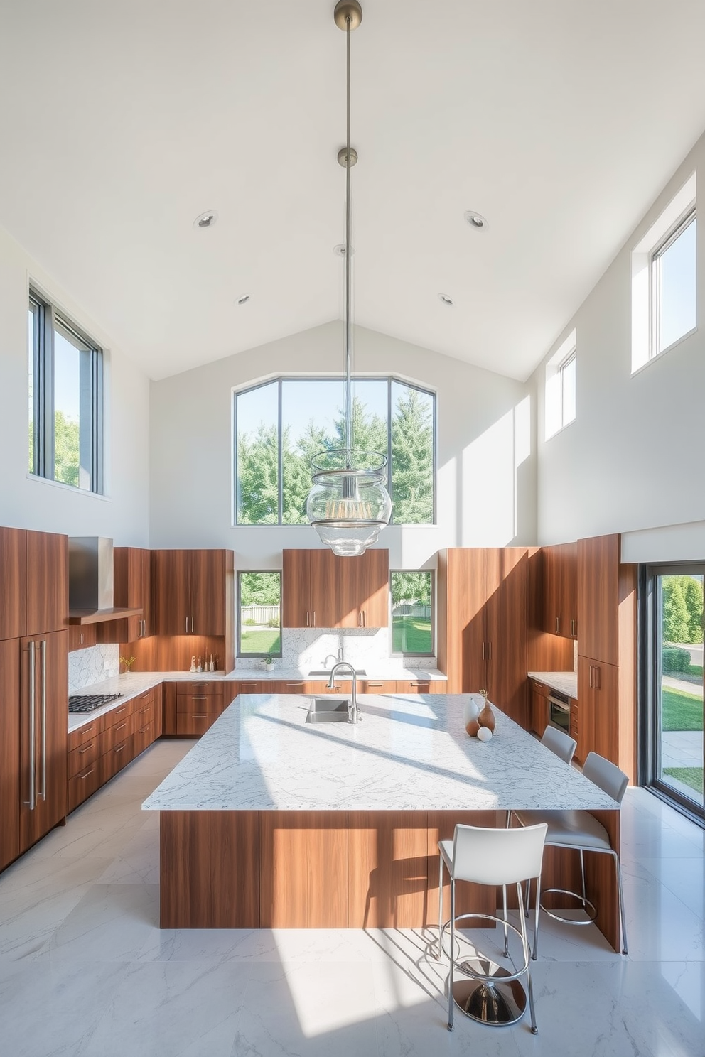 A high ceiling kitchen featuring a combination of sleek granite countertops and warm wooden cabinetry. The space is illuminated by large pendant lights that hang gracefully from the ceiling, creating a stunning focal point. Large windows allow natural light to flood the room, highlighting the elegant blend of materials. A spacious island in the center serves as both a functional workspace and a gathering spot, adorned with stylish bar stools.